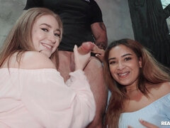 Two insatiable young sluts pleasuring horny dude in the bathroom