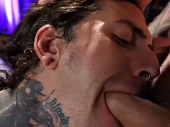 Mesmerized crossdresser in fishnets fucks her tattooed boyfriend until he cums