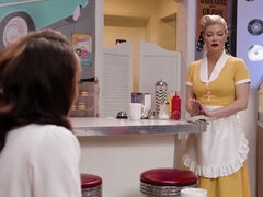 Vintage diner interracial lesbian fuck with two hotties