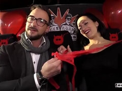 Sultry German brunette Black Sophie has public sex on the bus for Valentine's Day