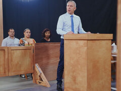 Court fetish video with a fit brunette and a tall man