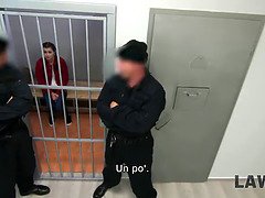 Cindy Shine gets her mouth and ass stuffed in jail by a security officer