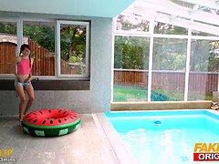 Skinny small tits 18yr redhead pale skin teen sneaks into older neighbours house to use the swimming pool and ends up being fucked hardcore style in h