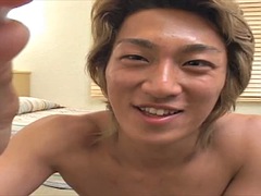 Stupid Japanese teen jerks his cock on camera and cums gigantic
