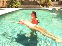 Naughty neighbour caught sneaking in pool - Brunette