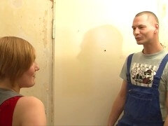 Platinum blonde girl gets her mouth stuffed with a hard spear