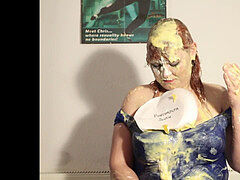 plumper gets pied numerous times in taut blue dress