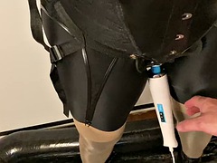 Spandex, nylon stockings, heels pissing and masturbation bondage