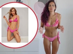 Hot MILF dominates in swimsuit try on haul with bondage play