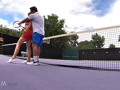 Stepbro gives a tennis lesson to his horny stepsister