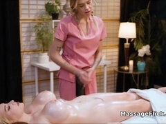 69 and scissoring massage with big-breasted client