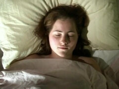 Fatty redhead 90s girl fondles herself under the sheet and excitingly masturbates
