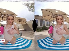 Aiden Ashley & Tiffany Watson get their first virtual reality experience with a hot blonde masseuse