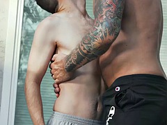 Small twink fucked bareback outdoors by tattooed hunk trainer