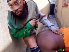 Ebony porn star Strawberry Tripsy caught banging her landlord in public at the backyard