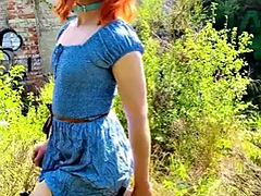 Mooi, Grote lul, Ondergoed, Buiten, Openbaar, Roodharige vrouw, Mager, Tieten likken