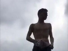 Exhibition College boy jock strips jerks and cum outside 8