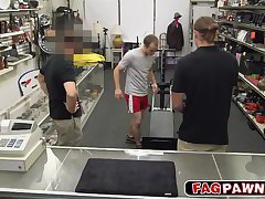 Muscle guy fucked hard in pawn shop by two men in a nasty threesome