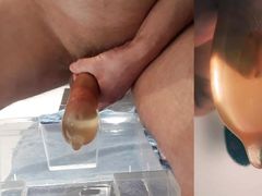beautiful hard cock is pissing in condom and fucks his pee into big cumshot with floating sperm and great 2 cam POV