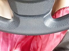 Masturbation wearing satin skirt while driving