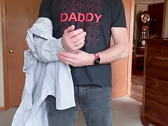 Daddy strips to his jock,  butt plug and starts playing