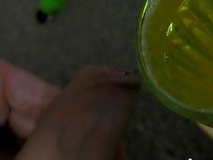 Flexible jock pees in a glass and sucks himself off