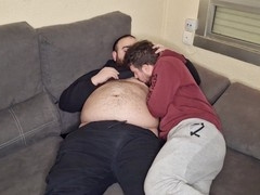 Daddy bear and chaser hungrily suck each other's dicks and enjoy a hot 69 on the sofa