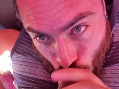 SELF FACIAL CUMSHOT on my camper, Fellating my own nads & manmeat