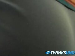 Solo twink pleases his cock in panties by jerking it off