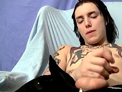 inked young hetero thug solo strokes and cums
