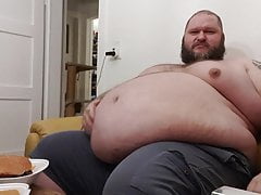 Superchubby SOC - fat guy eating a big burger & onion rings