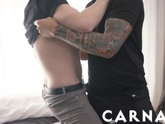 Cole Blue, a wild young man, can't wait and seduces inked DILF for hot breeding session