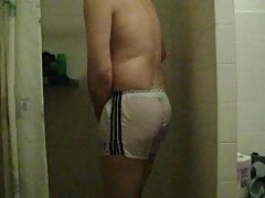 Me in Adidas satin nylon shiny whi with black stripes short