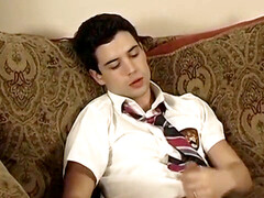 Jock schoolgirl takes his uniform off to wank his huge cock off