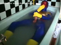 Raunchy Wetlook Bath 5: Blue Superhero Zentai