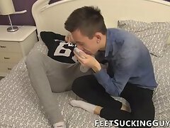 Twink chokes on toes and chokes on dick right before fucking