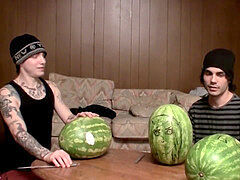 Straight inked fellows plumb watermelons until spunking