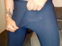 My thick cock climaxing in sheer cycling leggings