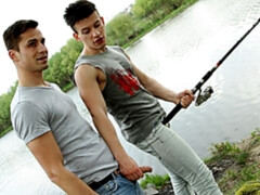 Twink lovers enjoying barebacking by the river