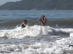 Atractive Latino couple fuck each other on some rocks by the sea