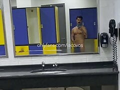 iacovos naked in public gym locker room in Athens Greece showing off big hairy greek cock
