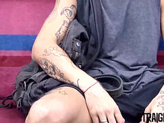 tattooed Latino boy barebacked rigid in a threesome