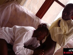 Bony Ebony providing head while peed and barebacked