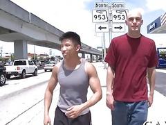 Short Asian dude fucks a tall bald whitey out in public