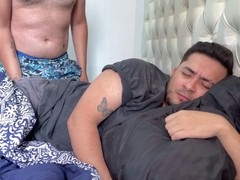 Step daddy, stepfather, and stepson enjoy some morning fun