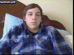 Boy on cam whit big cock on bed jerks and cumshot