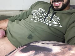 Bearded big cock jerking off and smearing himself with cum