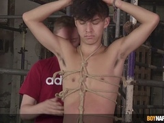 Dom Ashton Bradley strokes thin Maxxie Rivers in Shibari bondage session