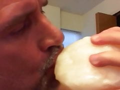 Dirty pervert eating frozen cum