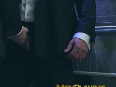 Sexy men in suit gets steamy on rough gay sex in a restroom